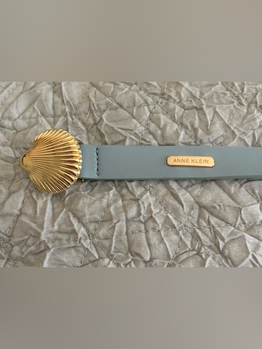 Anne Klein Light Blue Leather Belt with Gold Shell Buckle Coastal Beach Style